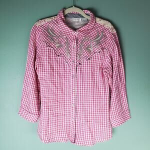 Miss Me Womens Pink Gingham Lace Embroidered Western Pearl Snap Shirt Size Large